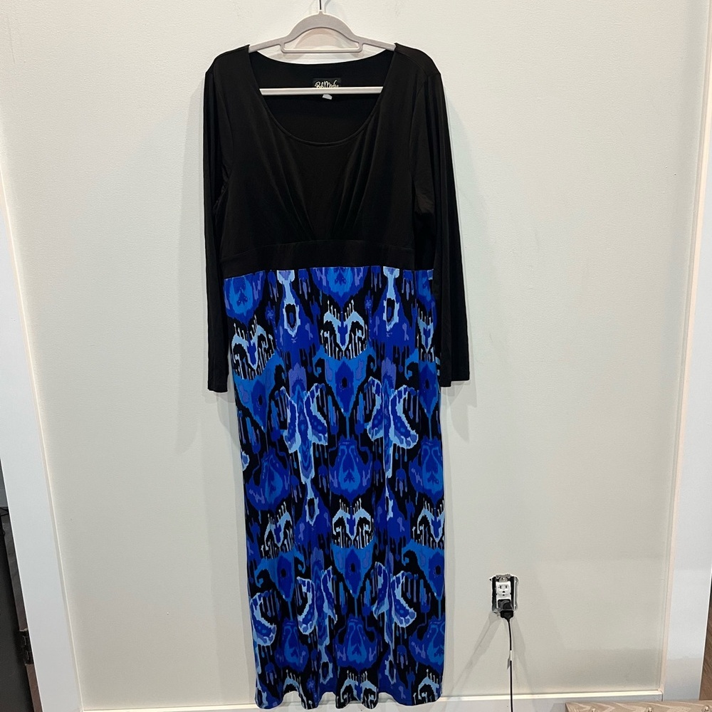 Bob Mackie Wearable Art Long Sleeve Maxi Dress Women's Size XL Blue Ikat